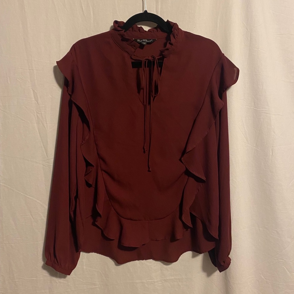 Wine Red Long-sleeve Pussybow Blouse